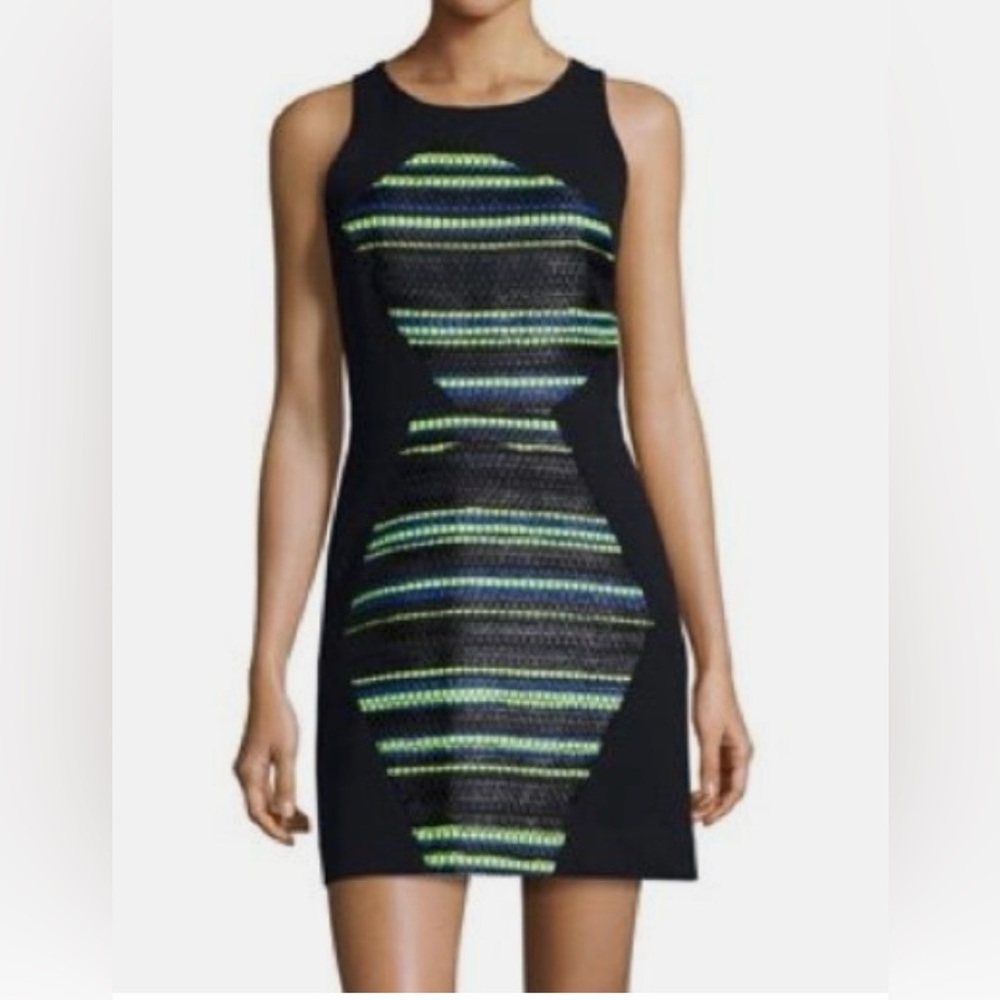 Milly Black Mini Dress with Green & Blue Striped Crochet Inset Size 4